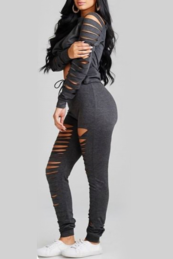  Sexy Hollow-out Grey Polyester Two-piece Pants Set