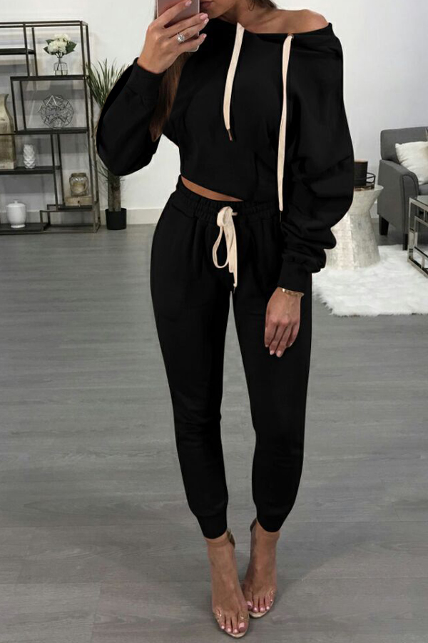  Sexy Hooded Collar Dew Shoulder Black Polyester Two-piece Pants Set