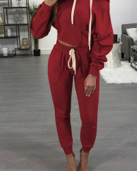  Sexy Hooded Collar Dew Shoulder Wine Red Polyester Two-piece Pants Set 