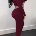  Sexy Hooded Collar Lace-up Hollow-out Wine Red Blending Two-piece Pants Set