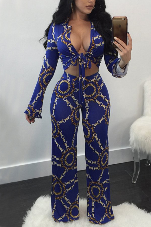  Sexy Printed Blue Cotton Blends Two-piece Pants Set