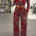  Sexy Printed Wine Red Cotton Blends Two-piece Pants Set