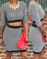  Sexy Round Neck Geometric Printed Blending Two-piece Skirt Set