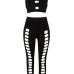  Sexy Round Neck Hollow-out Black Milk Fiber Two-piece Pants Set