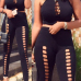  Sexy Round Neck Hollow-out Black Milk Fiber Two-piece Pants Set