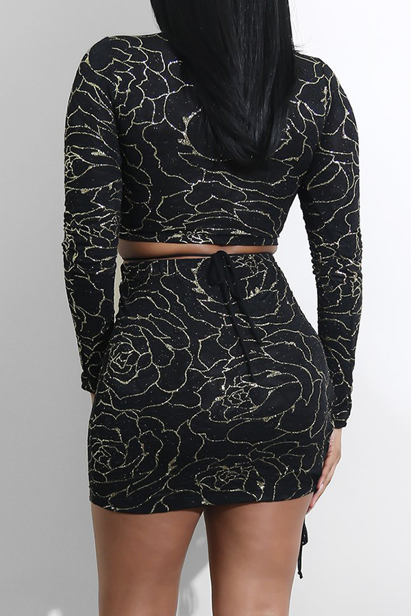  Sexy Round Neck Lace-up Hot Stamping Printed Black Polyester Two-piece Skirt Set