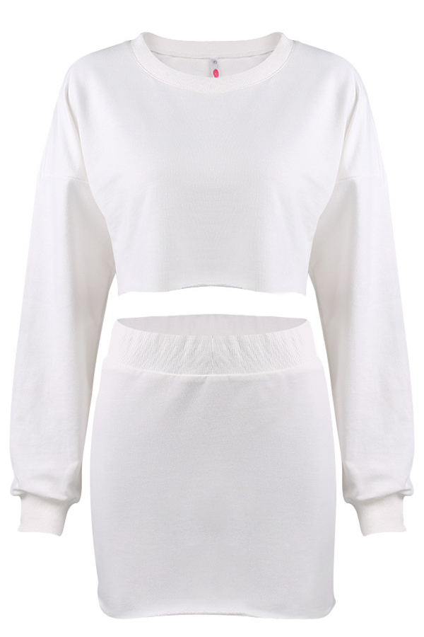  Sexy Round Neck Long Sleeves White Cotton Two-piece Skirt Set