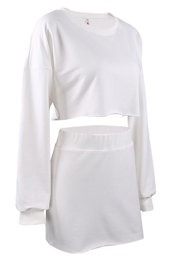  Sexy Round Neck Long Sleeves White Cotton Two-piece Skirt Set