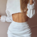  Sexy Round Neck Long Sleeves White Cotton Two-piece Skirt Set