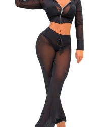  Sexy See-Through Black Polyester Two-piece Pants Set