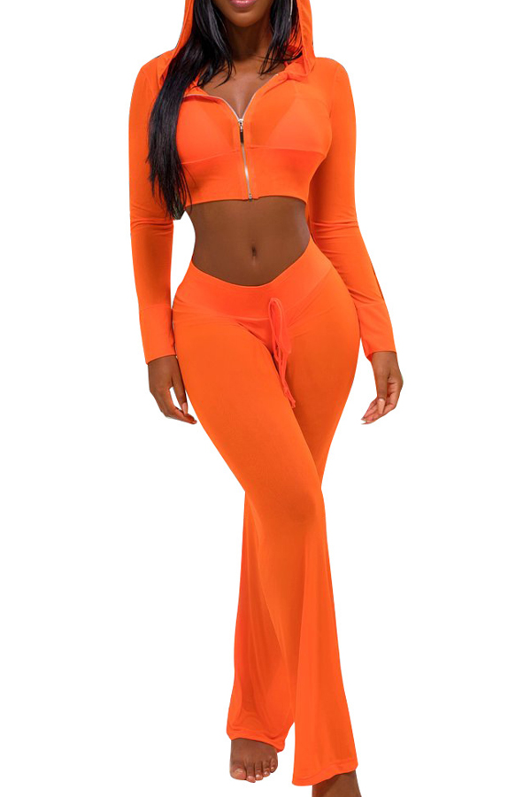  Sexy See-Through Orange Polyester Two-piece Pants Set