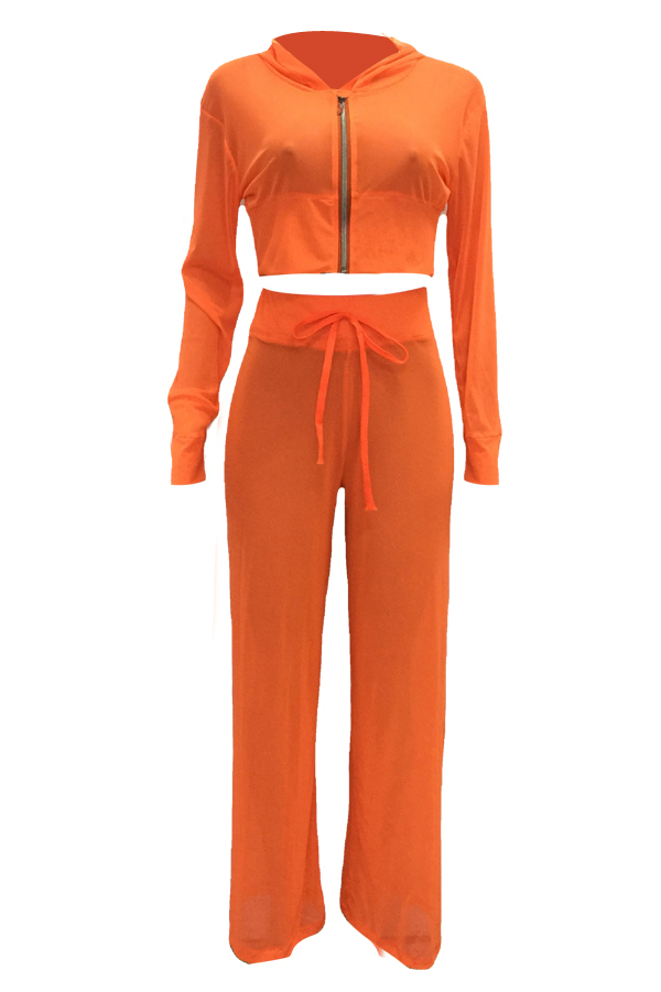  Sexy See-Through Orange Polyester Two-piece Pants Set