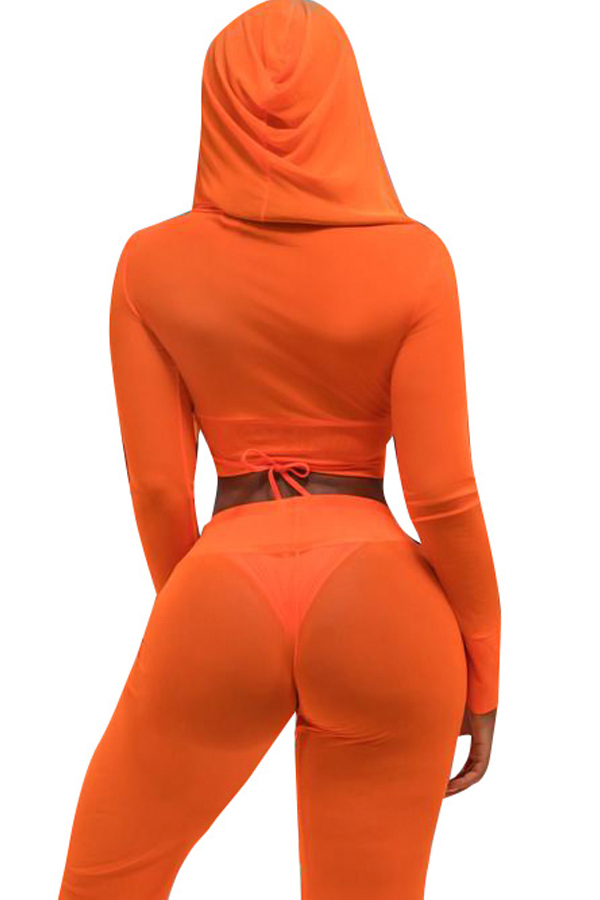  Sexy See-Through Orange Polyester Two-piece Pants Set