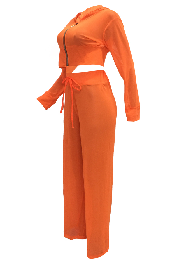  Sexy See-Through Orange Polyester Two-piece Pants Set