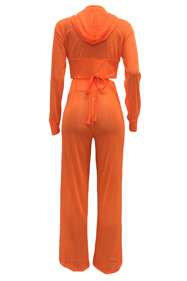  Sexy See-Through Orange Polyester Two-piece Pants Set