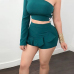  Sexy Show A Shoulder Falbala Design Green Twilled Satin Two-piece Shorts Set