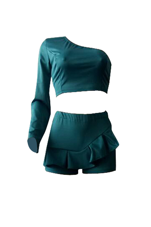  Sexy Show A Shoulder Falbala Design Green Twilled Satin Two-piece Shorts Set