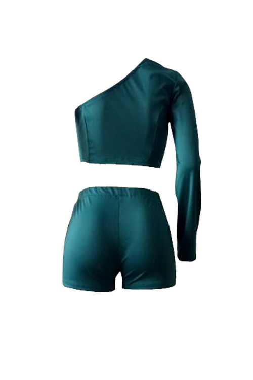  Sexy Show A Shoulder Falbala Design Green Twilled Satin Two-piece Shorts Set