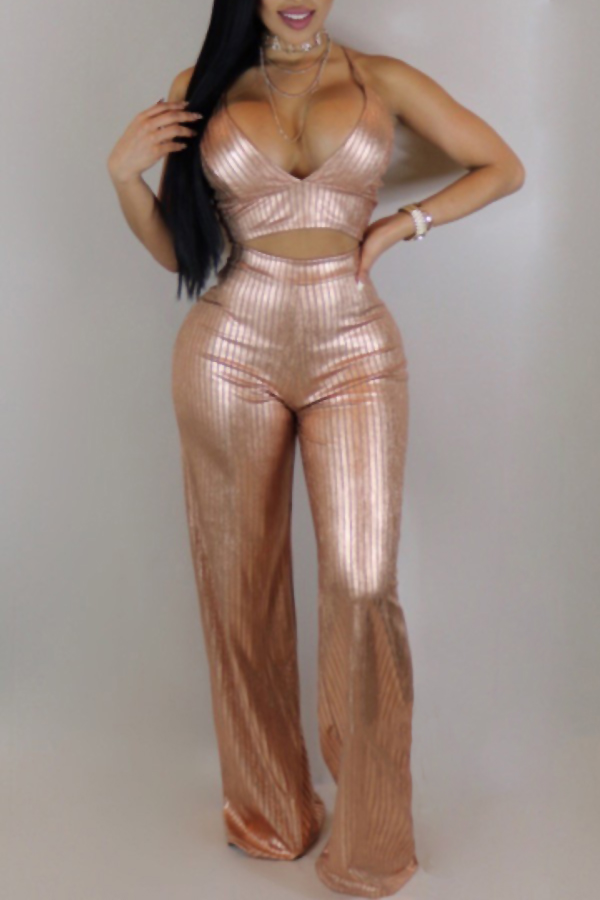  Sexy Spaghetti Strap Sleeveless Gold Blending Two-piece Pants Set