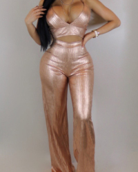  Sexy Spaghetti Strap Sleeveless Gold Blending Two-piece Pants Set