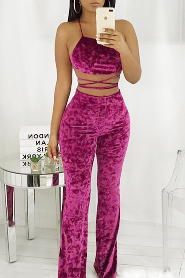  Sexy Spaghetti Strap Sleeveless Purple Velvet Two Pieces Pants Set