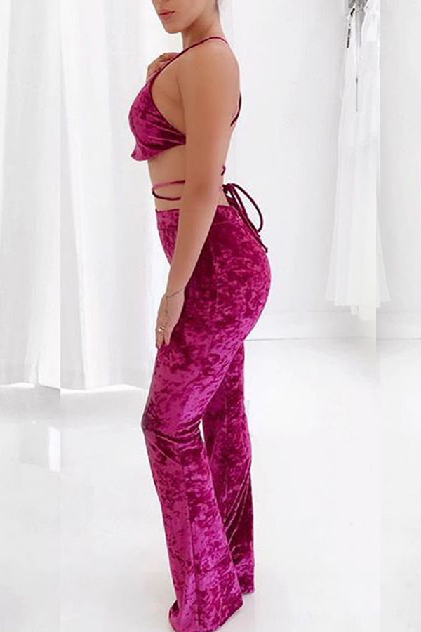  Sexy Spaghetti Strap Sleeveless Purple Velvet Two Pieces Pants Set