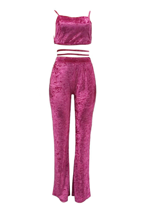  Sexy Spaghetti Strap Sleeveless Purple Velvet Two Pieces Pants Set