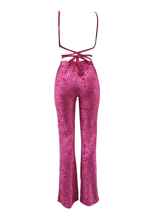  Sexy Spaghetti Strap Sleeveless Purple Velvet Two Pieces Pants Set