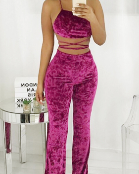  Sexy Spaghetti Strap Sleeveless Purple Velvet Two Pieces Pants Set