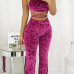  Sexy Spaghetti Strap Sleeveless Purple Velvet Two Pieces Pants Set