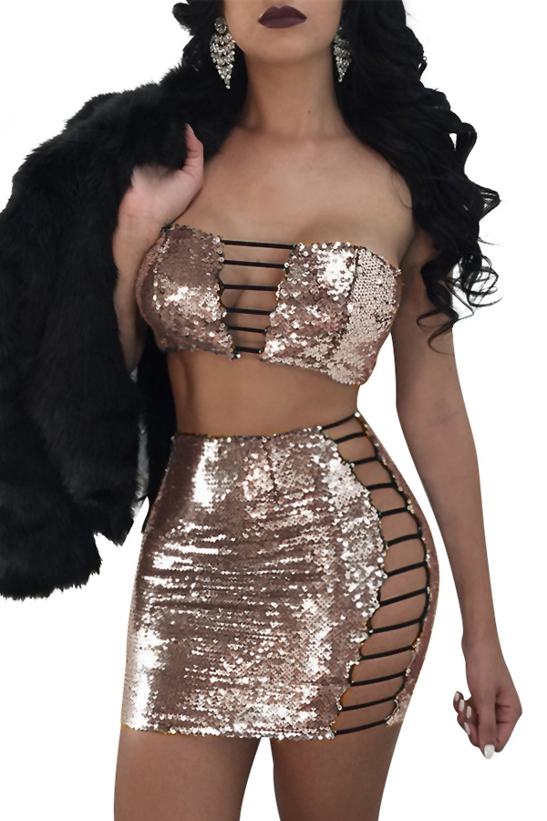  Sexy Strapless Hollow-out Gold Polyester Two-piece Skirt Set(Without Coat)