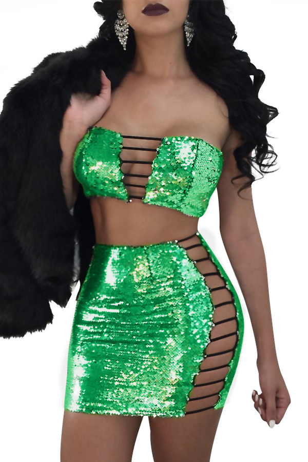  Sexy Strapless Hollow-out Green Polyester Two-piece Skirt Set(Without Coat)