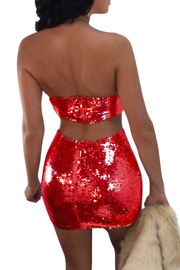  Sexy Strapless Hollow-out Red Polyester Two-piece Skirt Set(Without Coat)