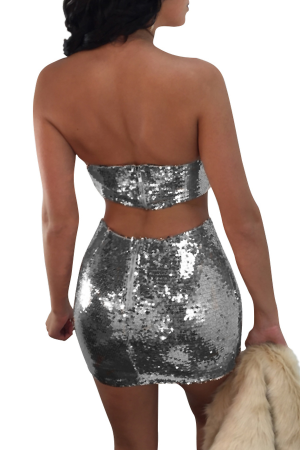  Sexy Strapless Hollow-out Silver Polyester Two-piece Skirt Set(Without Coat)