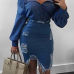  Sexy Turndown Collar Broken Holes Torn Edges Blue Denim Two-piece Skirt Set