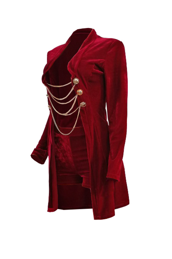  Sexy Turndown Collar Chains Decoration Red Velvet Two-piece Short Set