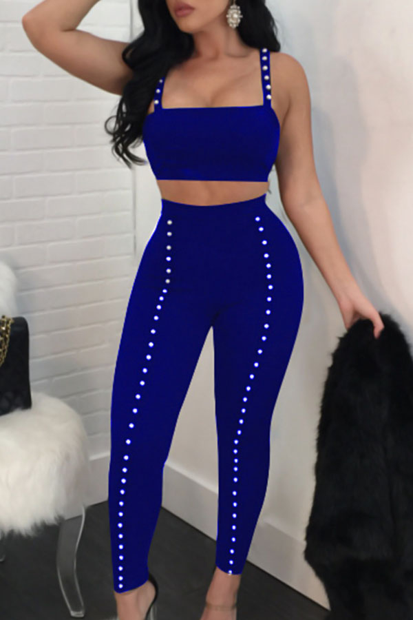  Sexy U Neck Pearl Decoration Royalblue Polyester Two-piece Pants Set