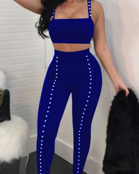  Sexy U Neck Pearl Decoration Royalblue Polyester Two-piece Pants Set