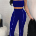  Sexy U Neck Pearl Decoration Royalblue Polyester Two-piece Pants Set