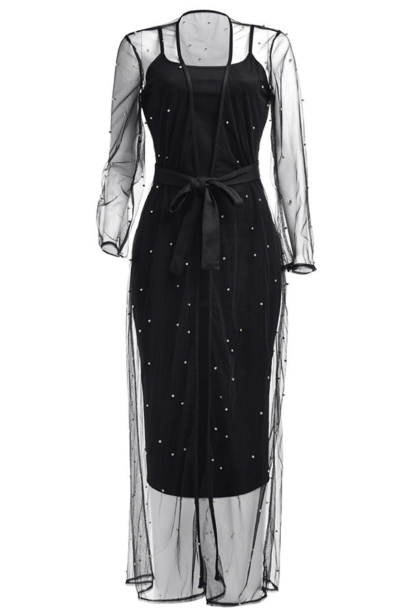  Sexy U Neck See-Through Black Linen Mid Calf Dress(With Coat)