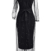  Sexy U Neck See-Through Black Linen Mid Calf Dress(With Coat)