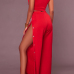  Sexy V Neck Side Split Red Polyester Two-piece Pants Set