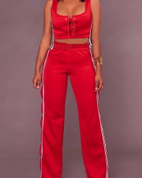  Sexy V Neck Side Split Red Polyester Two-piece Pants Set