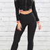  Sexy V Neck Zipper Design Black Cotton Two-piece Pants Set