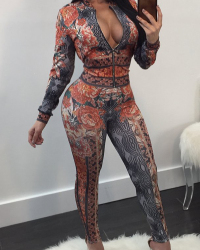  Sexy V Neck Zipper Design Printed Orange Polyester Two-piece Pants Set