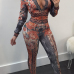  Sexy V Neck Zipper Design Printed Orange Polyester Two-piece Pants Set