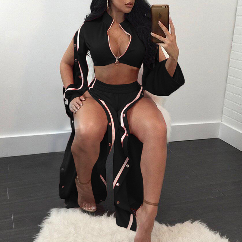  Sexy Zipper Design Black Polyester Two-piece Pants Set  