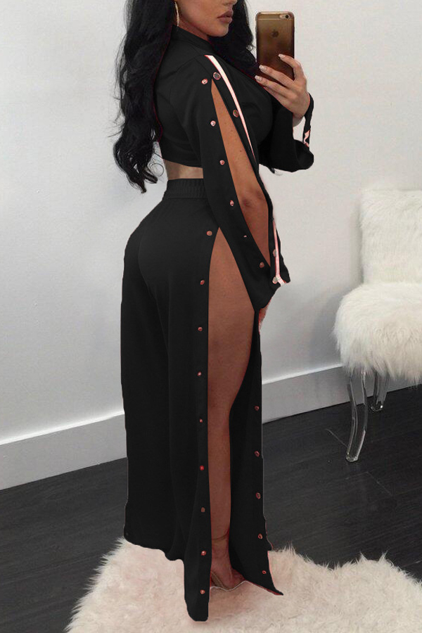  Sexy Zipper Design Black Polyester Two-piece Pants Set  