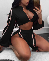  Sexy Zipper Design Black Polyester Two-piece Pants Set  