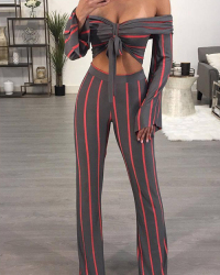  Stylish Dew Shoulder Striped Red Milk Fiber Two-piece Pants Set